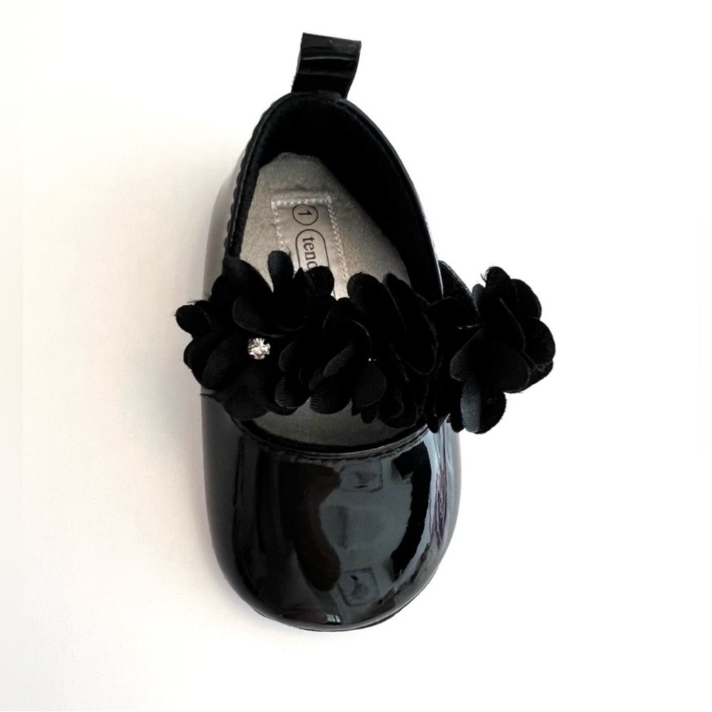 (NWOT) Elegant Baby Girl Black Dress Shoes w/Floral & Rhinestone Details, Size 1 - Picture 3 of 5